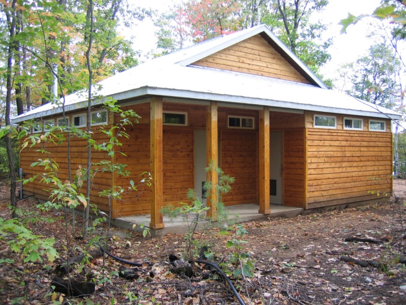 Each end has a community washroom house built to resemble school washrooms. camp rentals